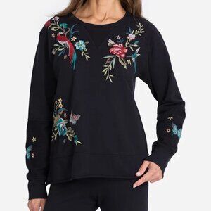 Johnny Was Gen French Terry Pullover Floral Embroidered Top Sweatshirt Black New
